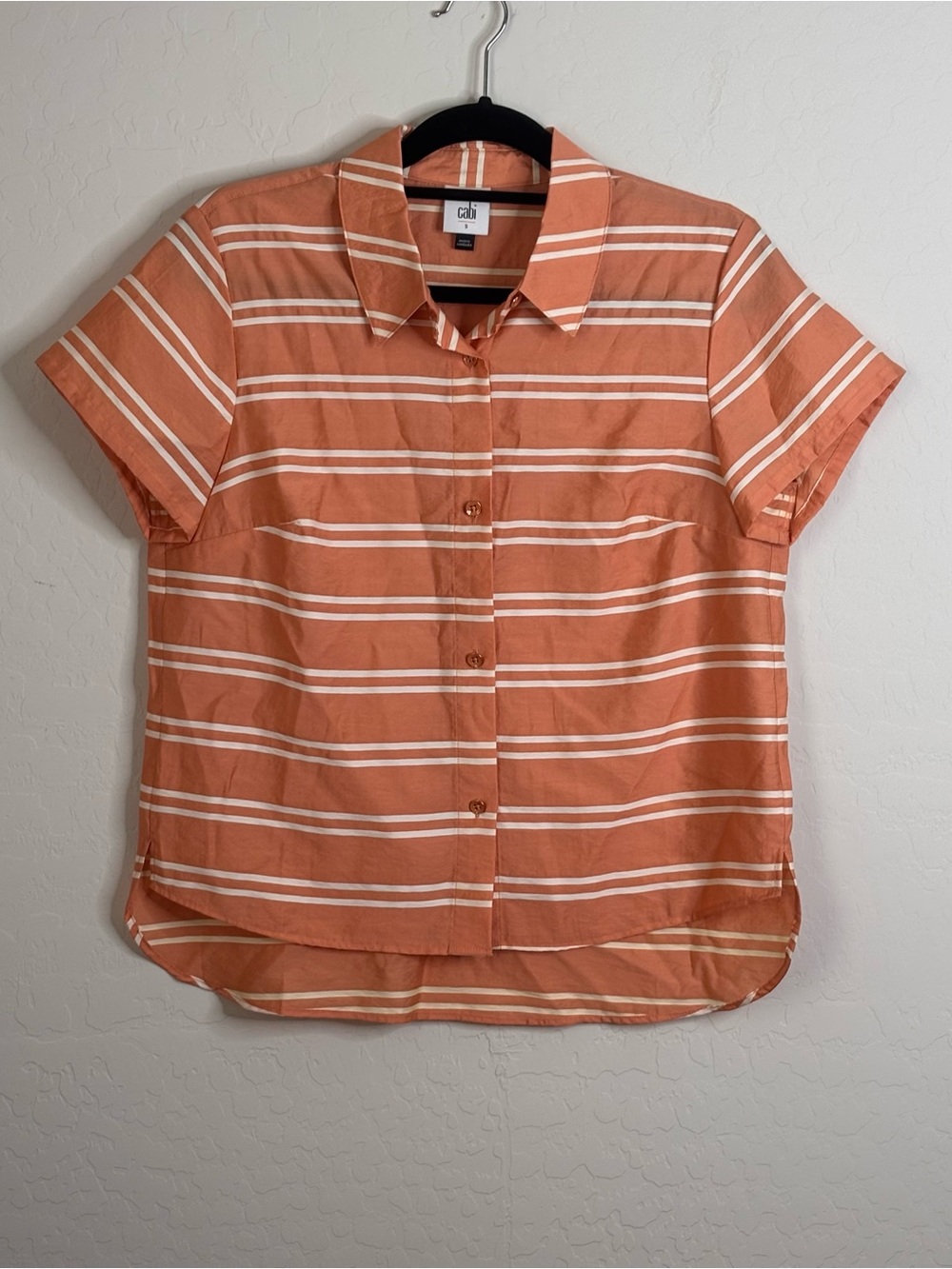 CABI 6511 CAMP SHIRT Sherbet Orange & White Stripes ENAMEL BUTTON-UP TOP sz S